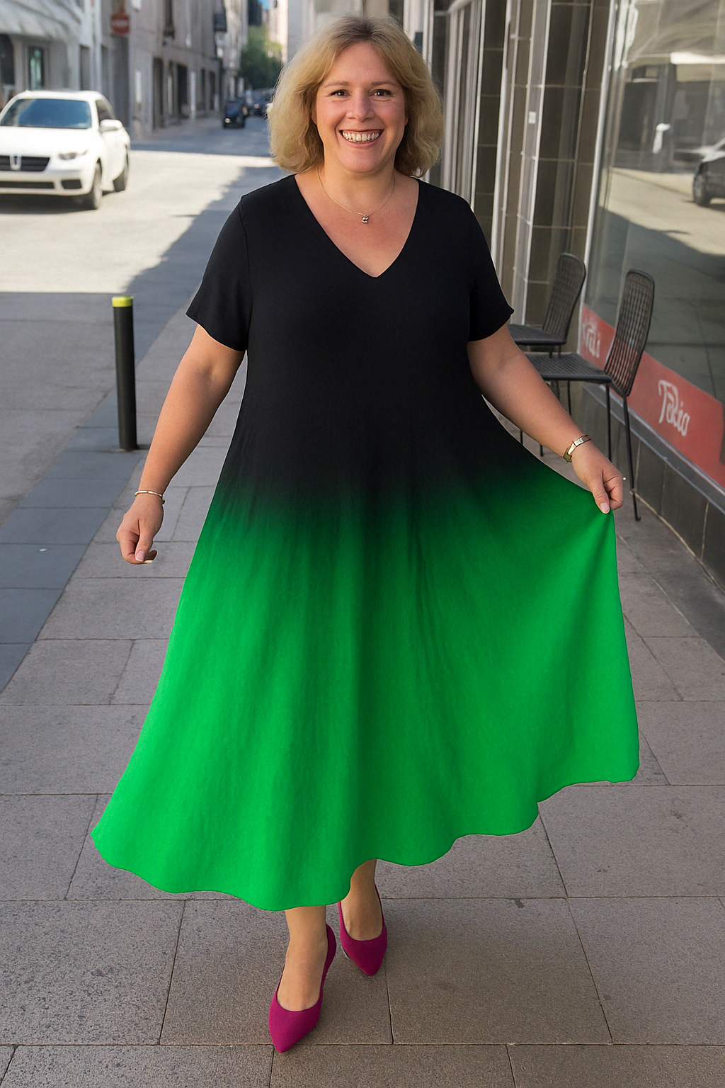 Jada - Flattering Gradient Tummy Covering Midi Dress