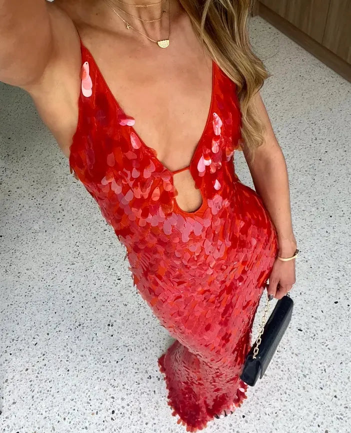 Ivy - Glitter Sequins Spaghetti Straps Evening Dress