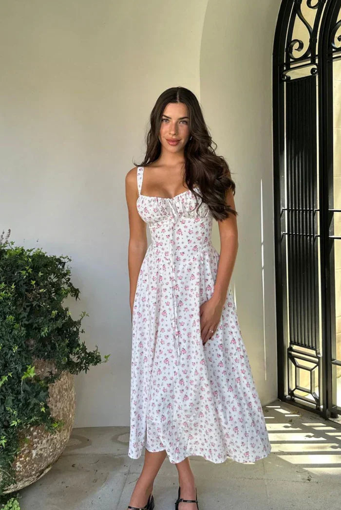 Savannah - Floral Print Corset Midi Dress