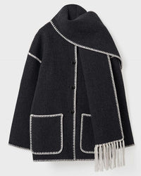 Women's Oversized Cape Coat with Fringe Trim and Contrast Stitching