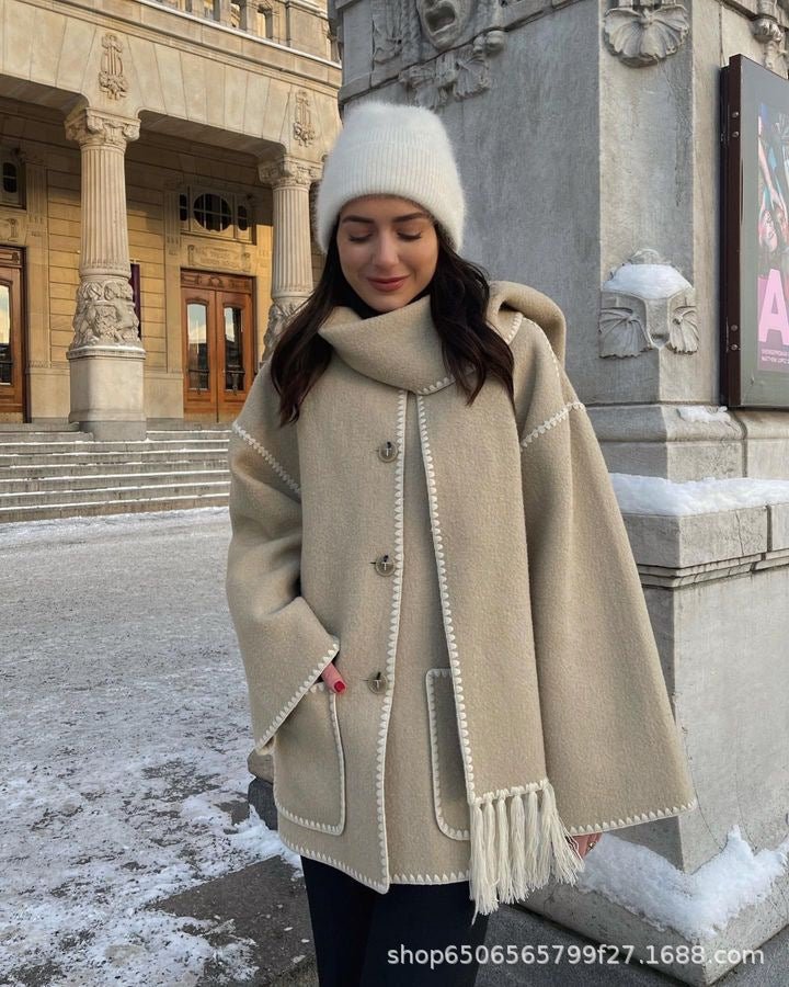 Women's Oversized Cape Coat with Fringe Trim and Contrast Stitching