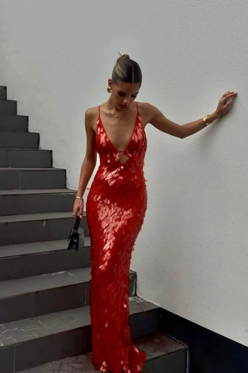 Ivy - Glitter Sequins Spaghetti Straps Evening Dress
