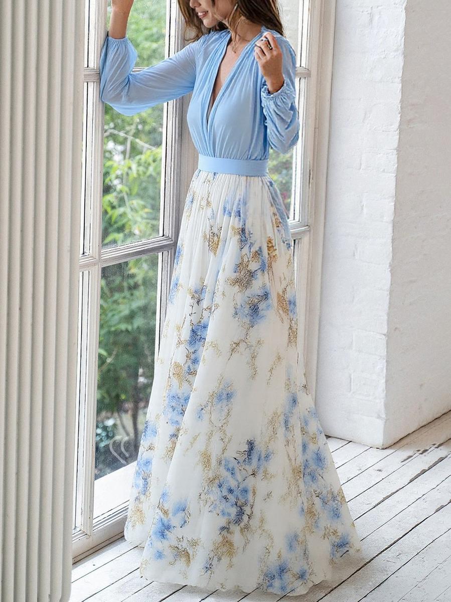 Ismeria - Boho Floral V-Neck Long Sleeve Dress