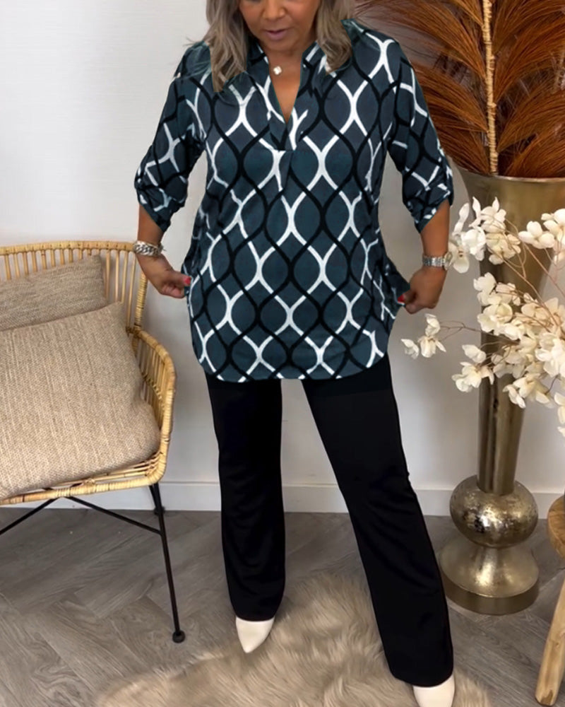 Elspeth - Stylish Geometric Printed Long Sleeve Blouse