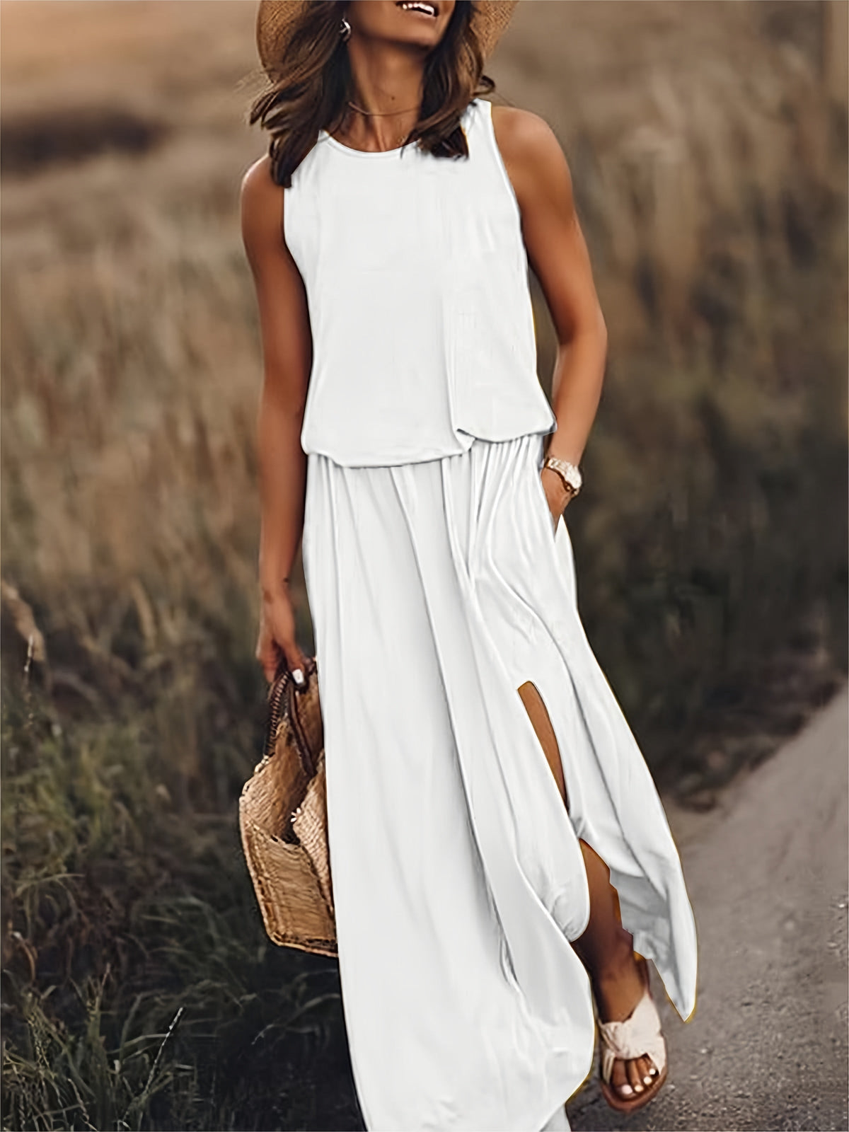 Keelin - Sleeveless O-Neck Solid Color Dress
