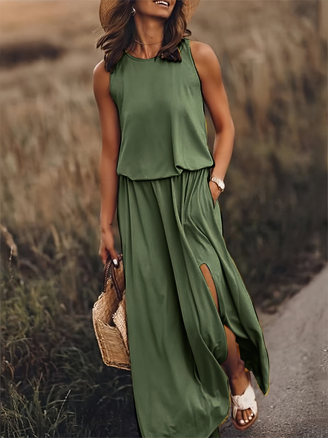Keelin - Sleeveless O-Neck Solid Color Dress