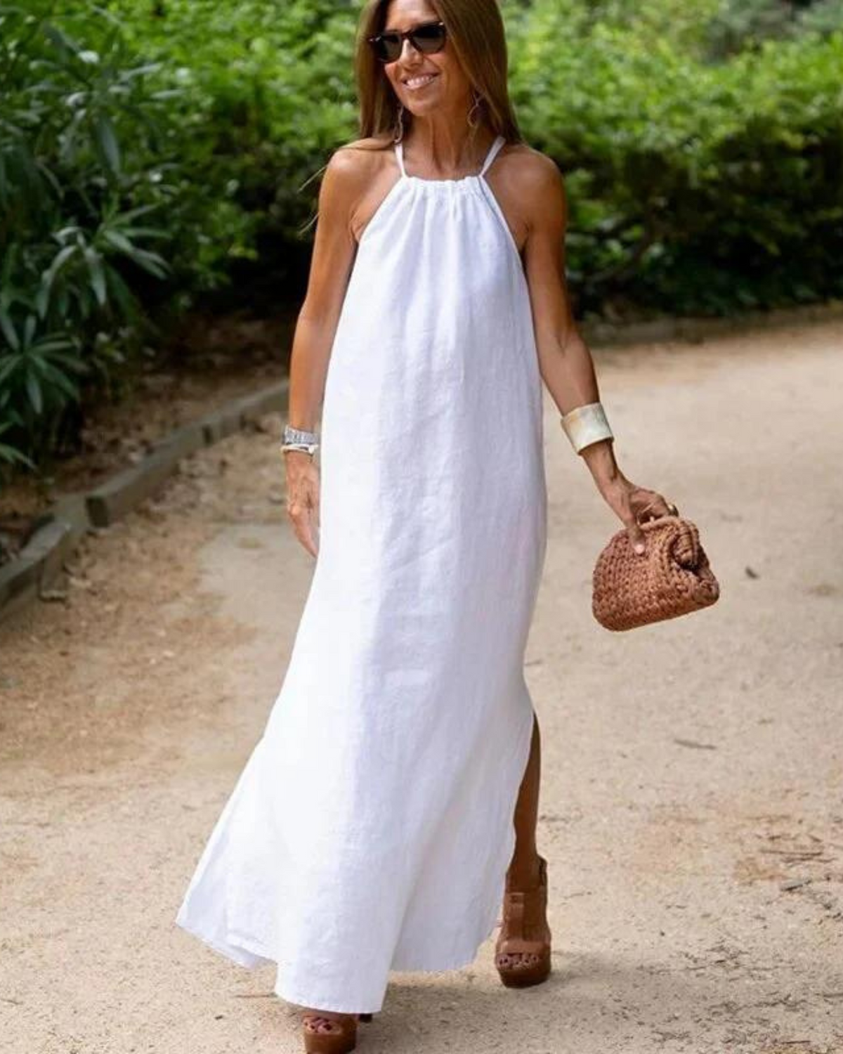 Brynn - Women’s Halter Slit Cotton Linen Maxi Dress