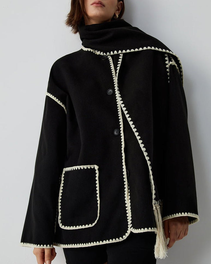 Women's Oversized Cape Coat with Fringe Trim and Contrast Stitching