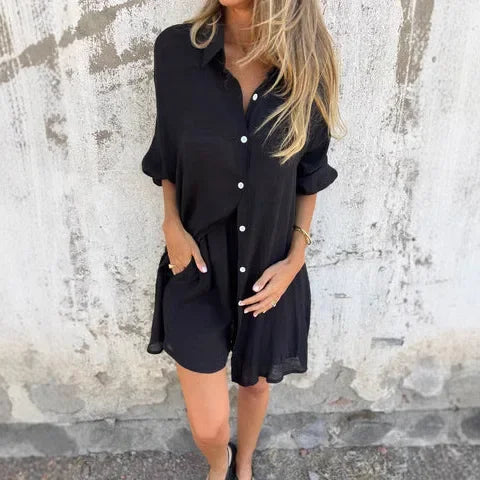 Arabella - Women’s Relaxed Fit Long Sleeve Shirt & Shorts Set