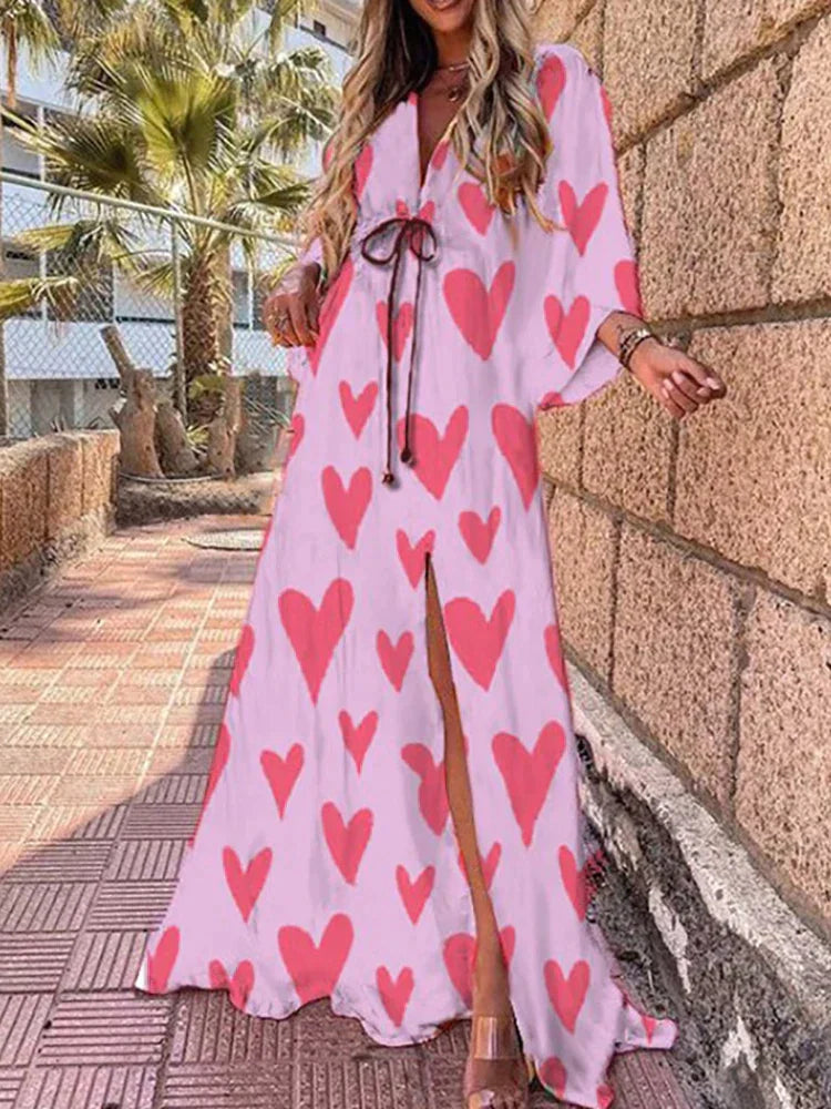Harper - Elegant V-Neck Printed Hem Split Dress