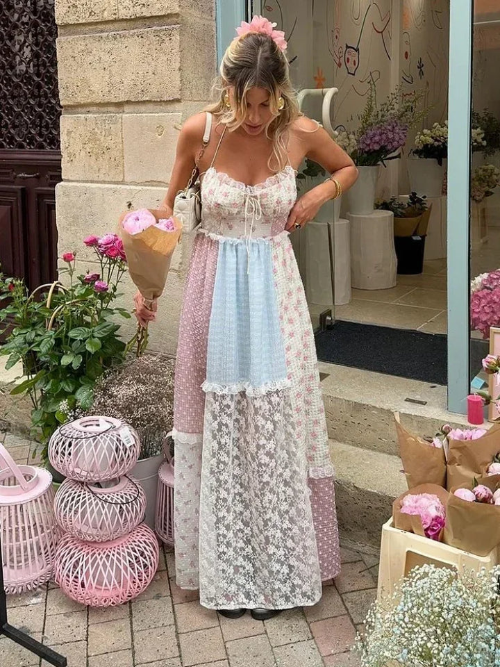Cora - Elegant Patchwork Floral A-Line Maxi Dress