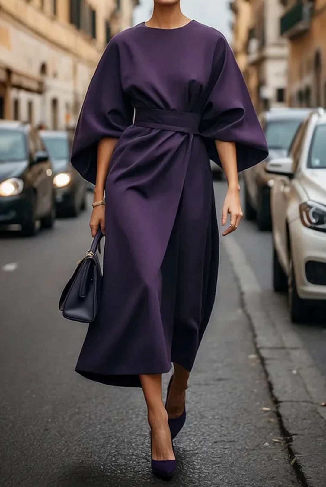 Jessalyn - Fashionable Bat Sleeve Mid-Calf Dress
