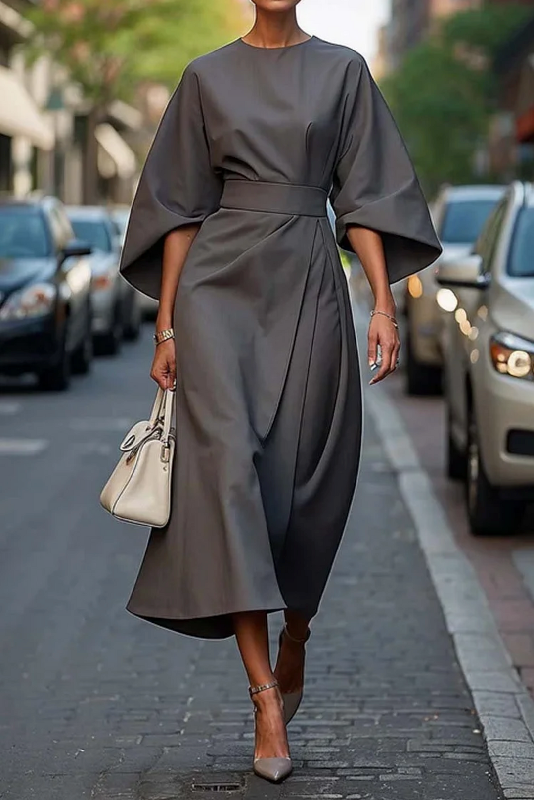 Jessalyn - Fashionable Bat Sleeve Mid-Calf Dress