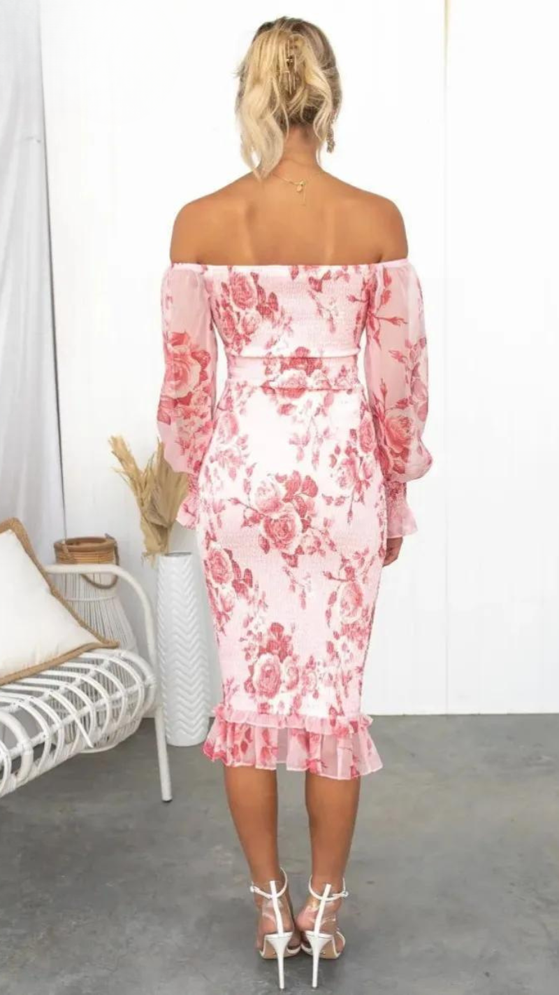 Everly - Bright Floral Off Shoulder Smocked Waist Midi Dress