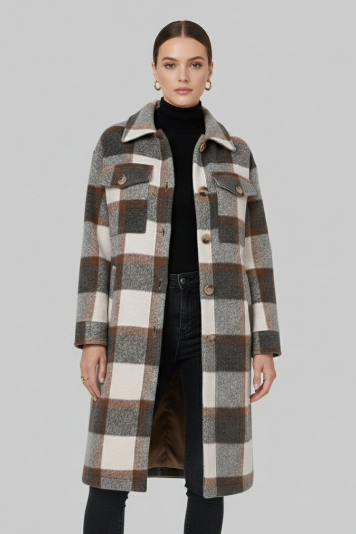Women’s Long Coat with Button Front and Checked Woven Surface