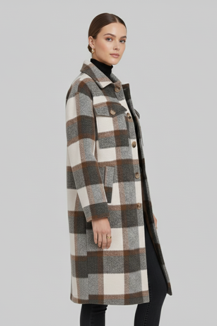 Women’s Long Coat with Button Front and Checked Woven Surface