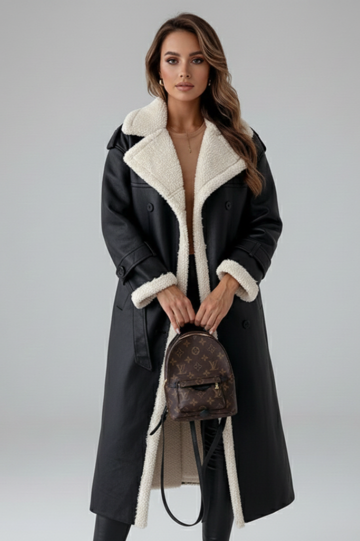 Women’s Long Coat with Lapel Collar and Trim Detailing