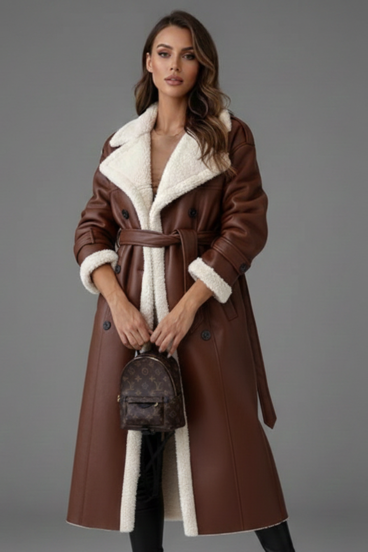 Women’s Long Coat with Lapel Collar and Trim Detailing