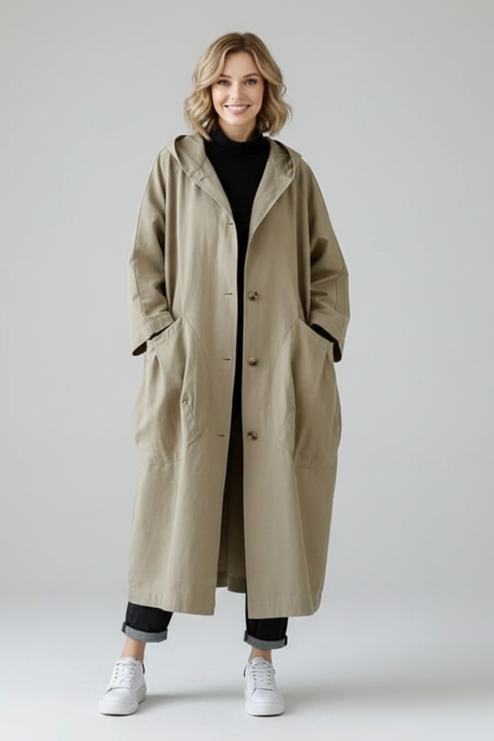 Women’s Oversized Trench Coat with Hood and Pockets
