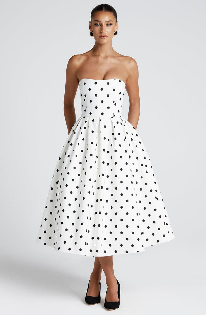Edith Midi Dress - Black Polka Dot Print Dress Babyboo Fashion Premium Exclusive Design