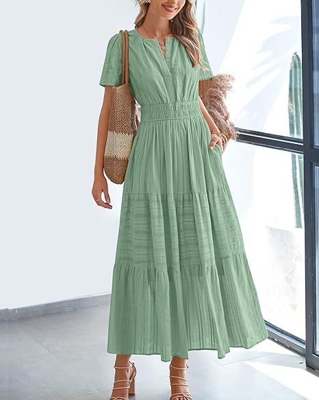 Women's V-Neck Dress – Cotton Blend – Short Sleeve