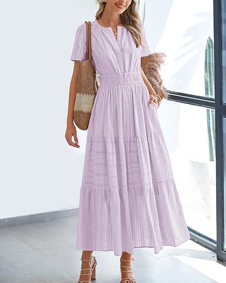 Women's V-Neck Dress – Cotton Blend – Short Sleeve