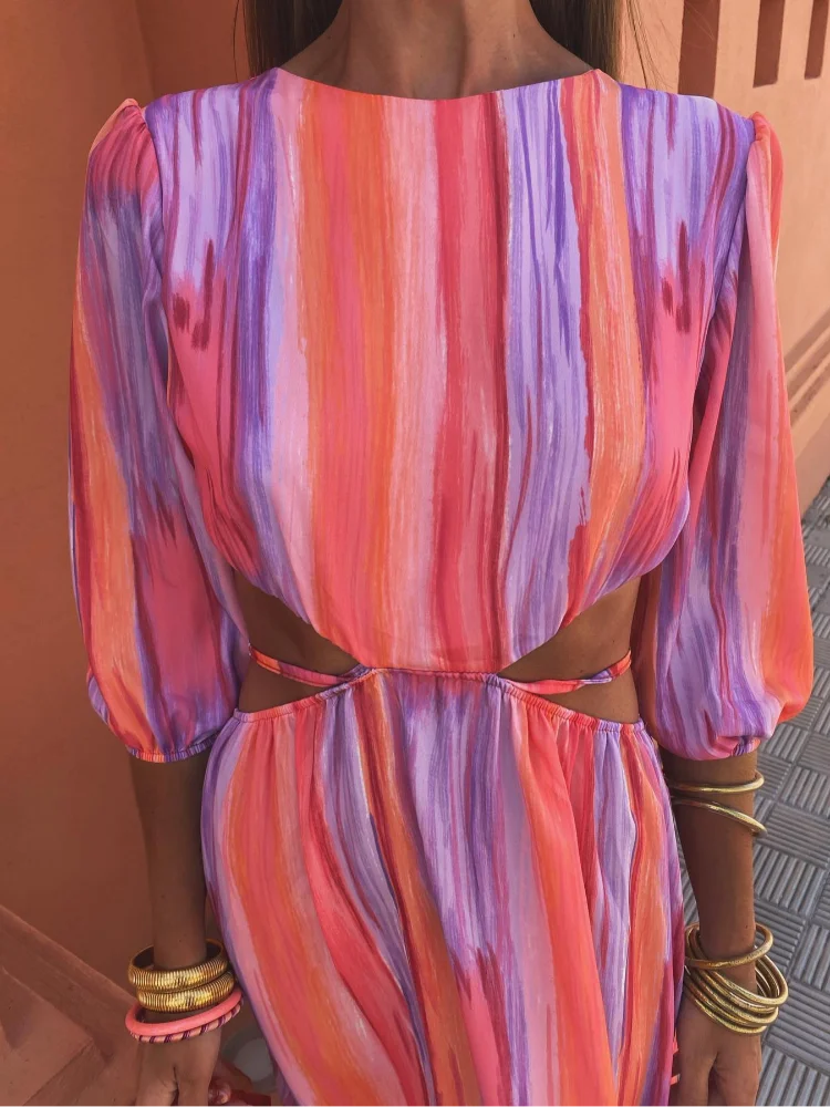 Beatrin - Breezy Striped Lantern Sleeve Dress
